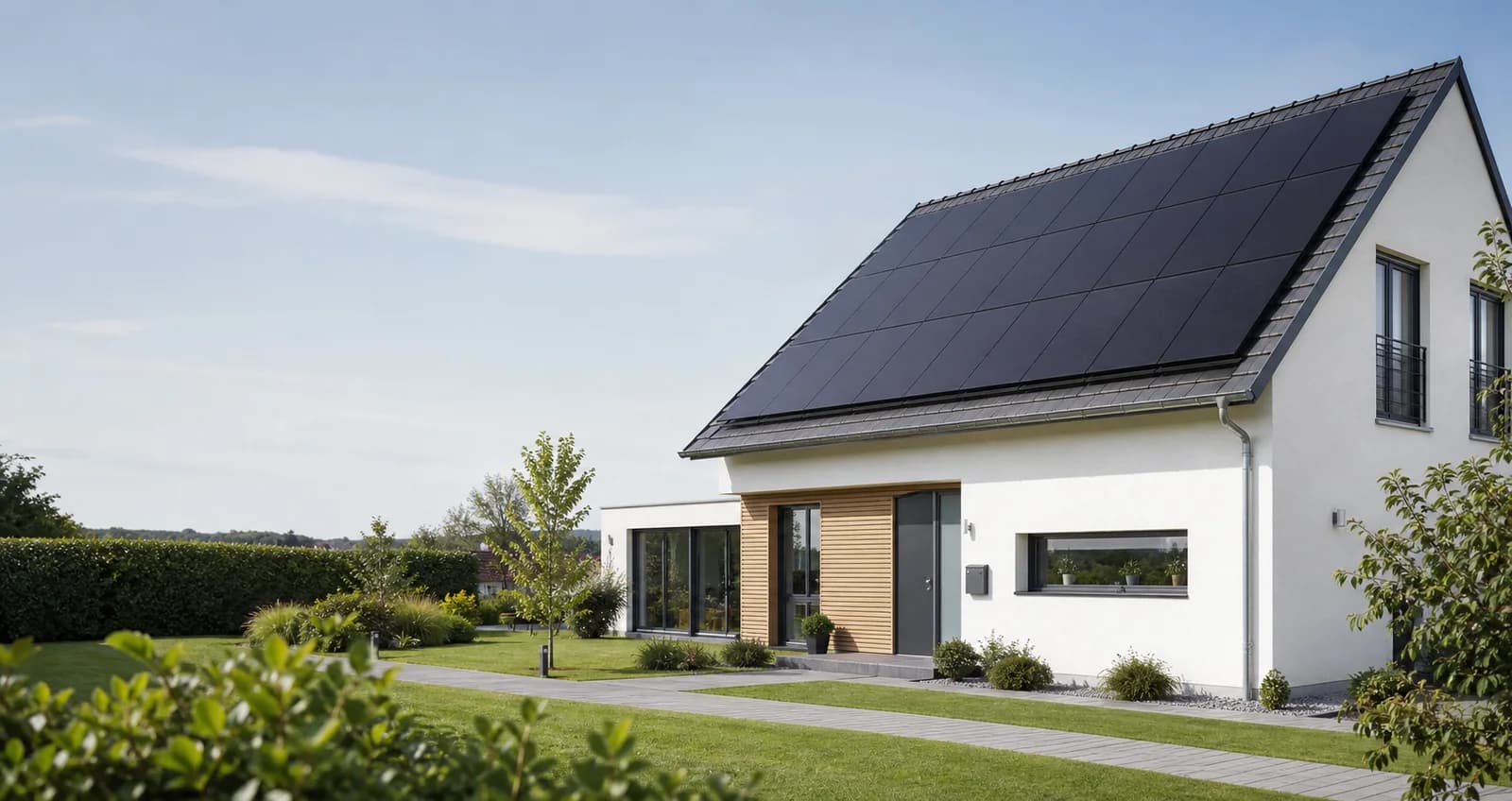 Modernes deutsches Einfamilienhaus mit anthrazitfarbenem Dach und Photovoltaikmodulen
