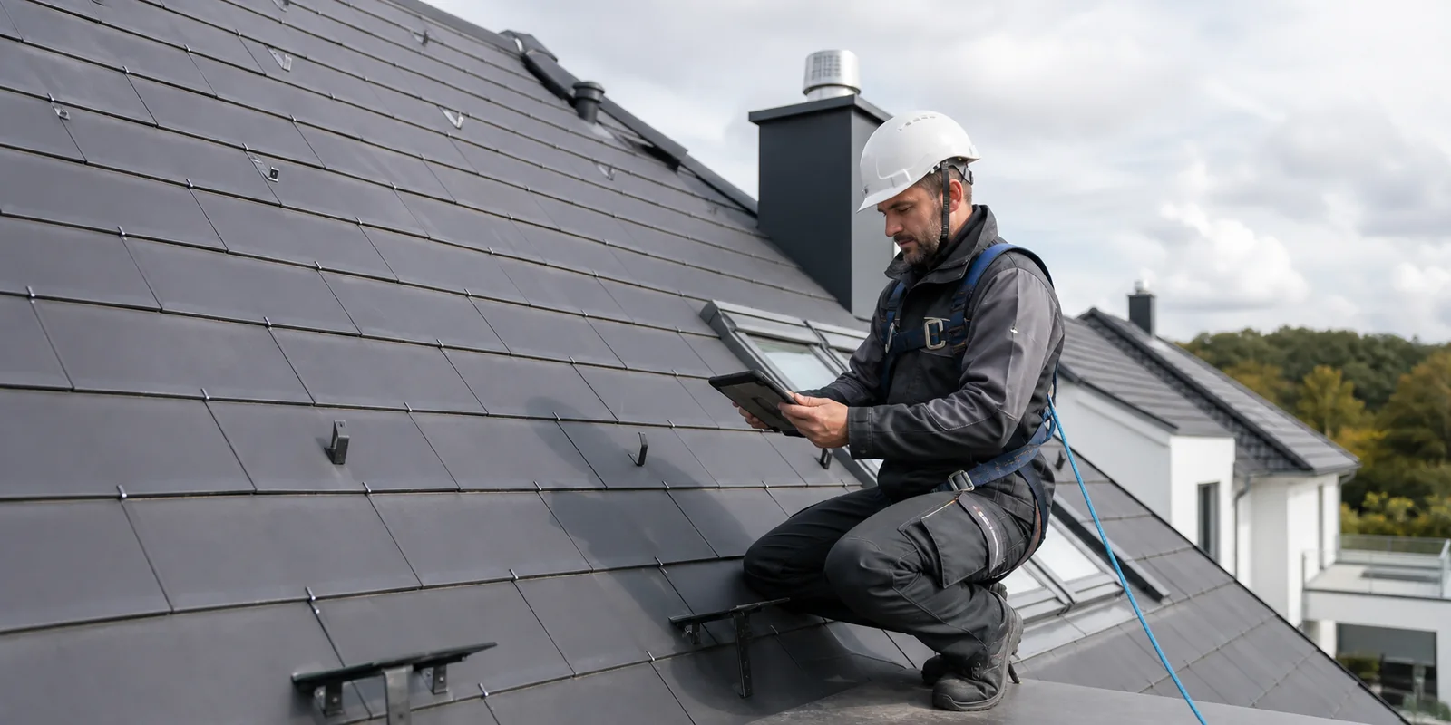 Solarfachbetrieb bei einer sachlichen Dachprüfung an einem Wohnhaus