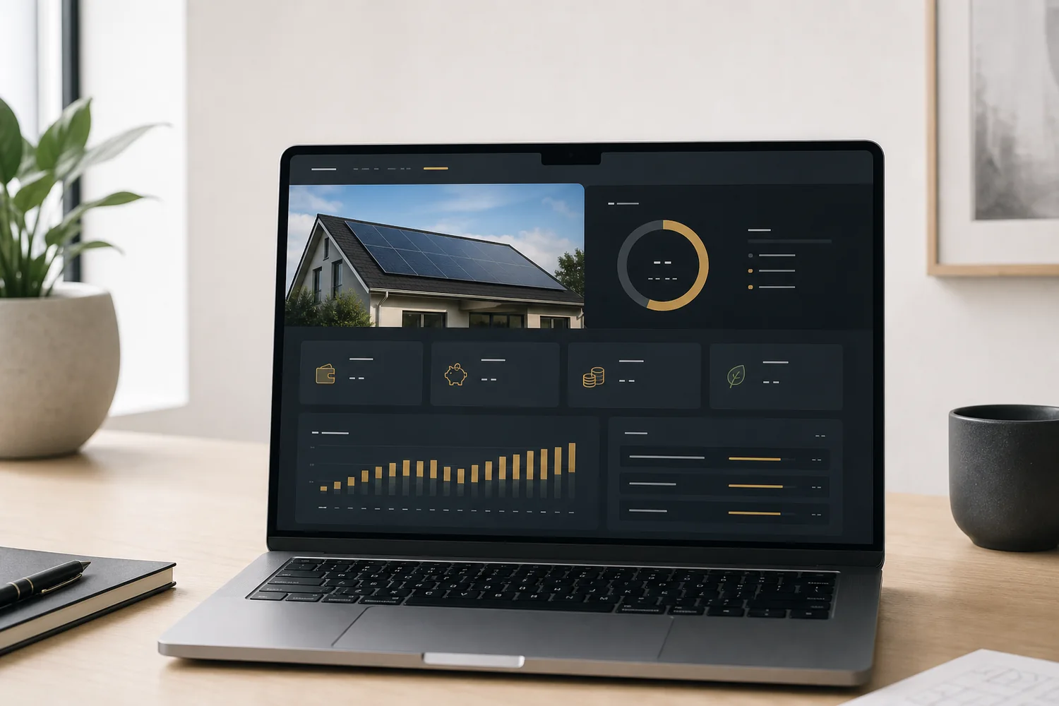 Laptop mit übersichtlichem PV-Wirtschaftlichkeitsrechner auf einem hellen Arbeitsplatz
