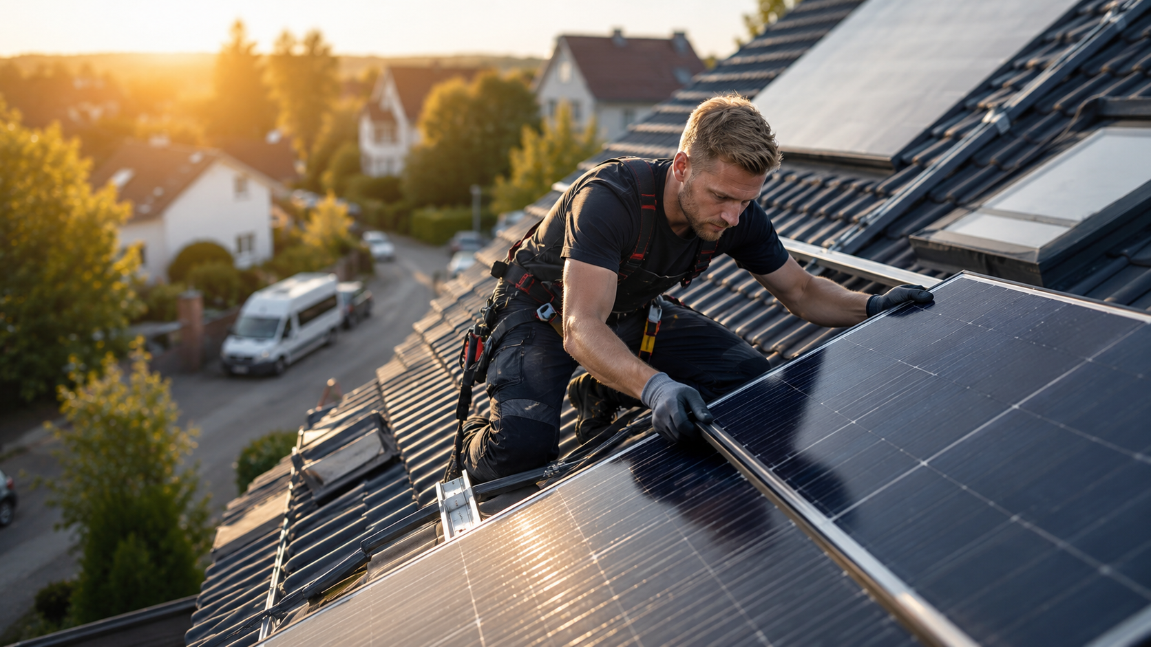 Techniker installiert Solarmodule auf Hausdach bei Sonnenuntergang
