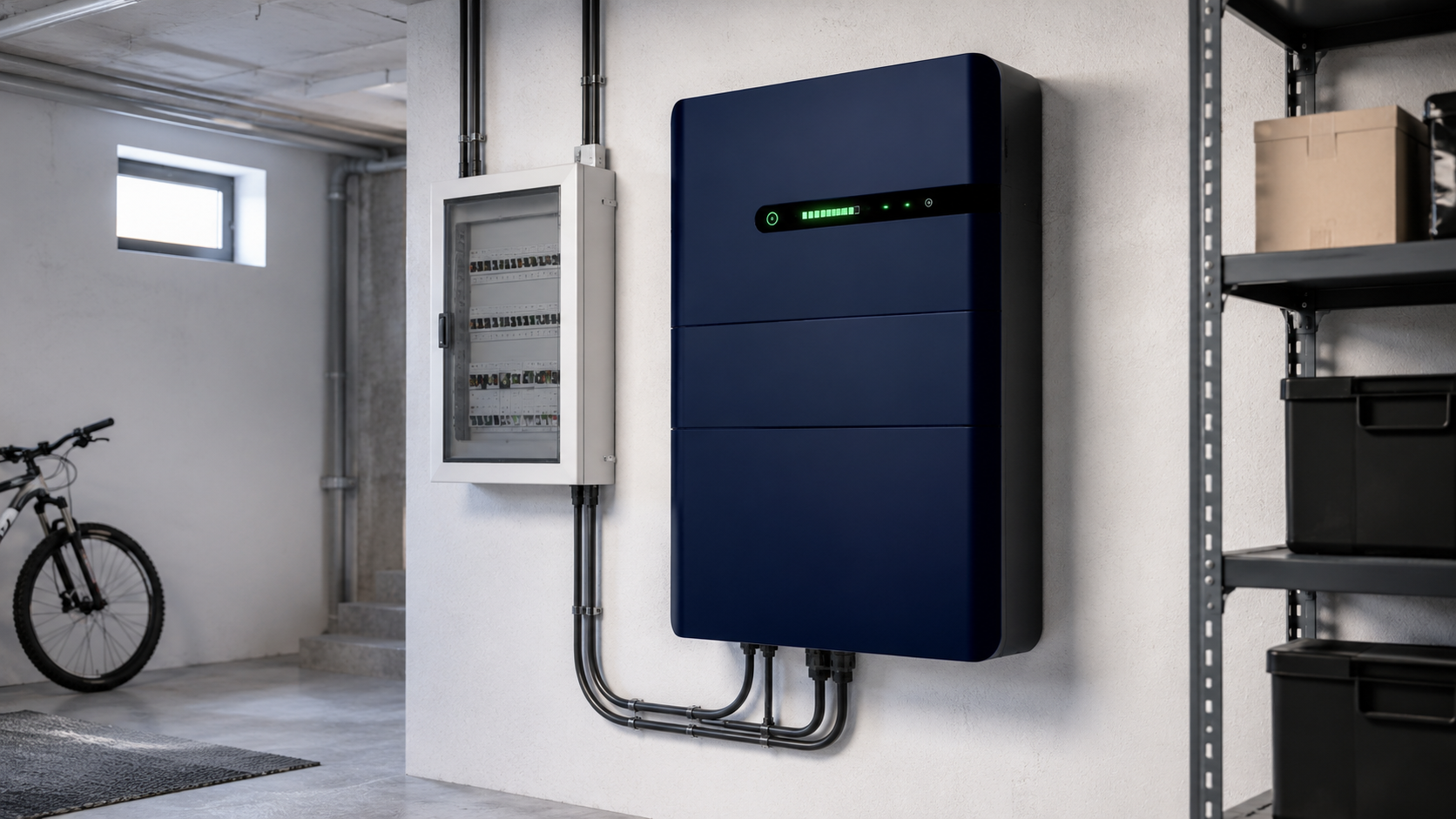 Navy blauer Batteriespeicher an Kellerwand montiert